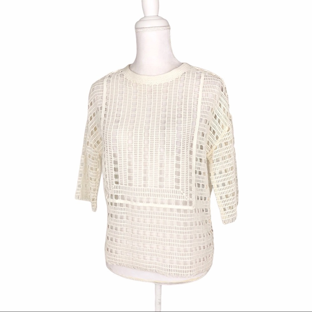 Tory Burch cream ladder crochet knit top fringe 3/4 sleeves XS